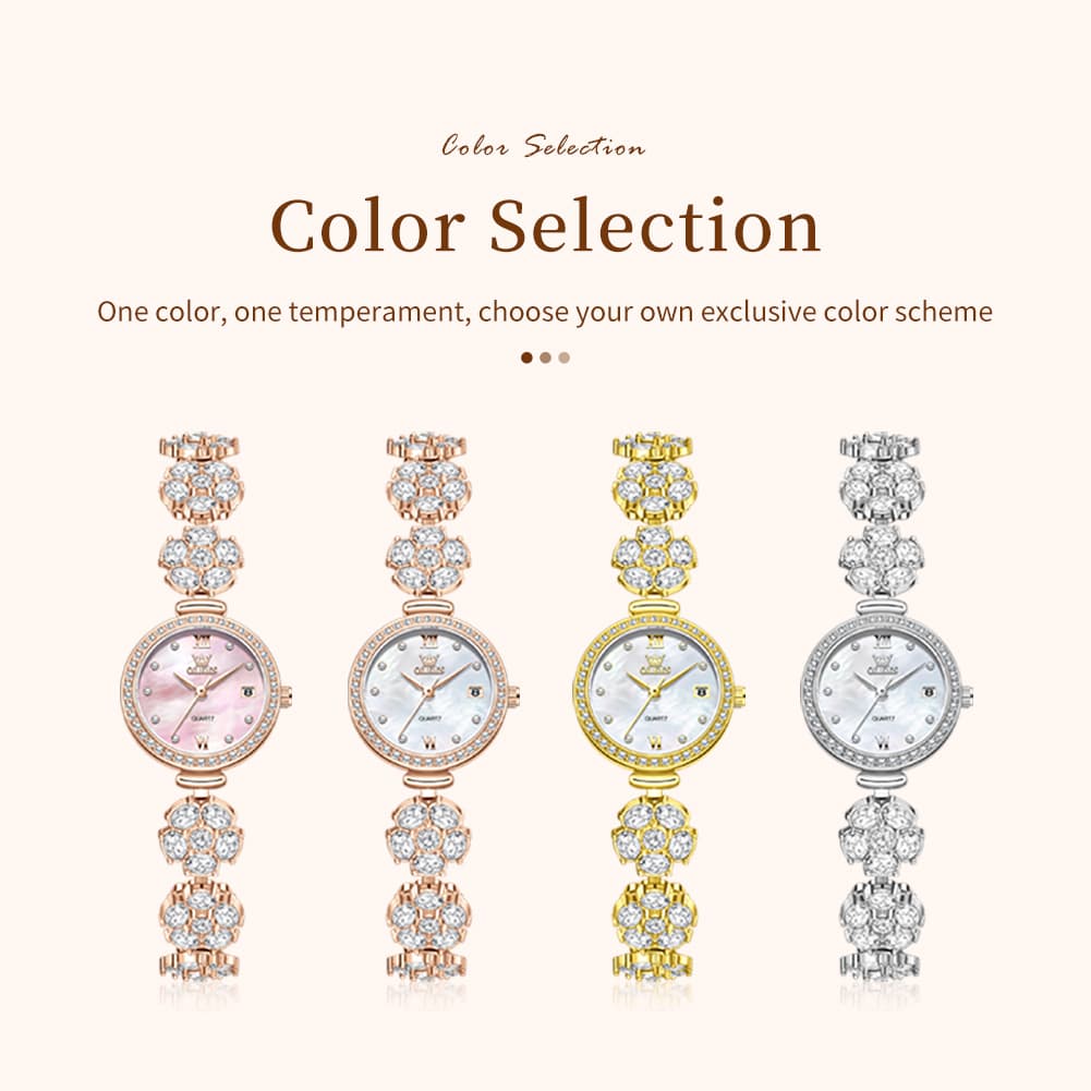 OLEVS Women Spinning Flower Watch Peach Blossom Crystal Mother of Pearl Date Quartz 5638