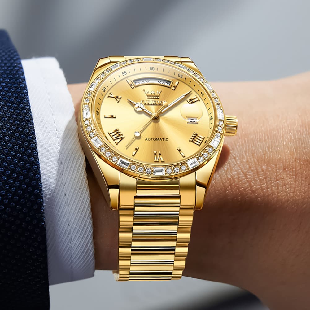 OLEVS 6747 Diamond Bezel Day Date Mechanical Watch for Men