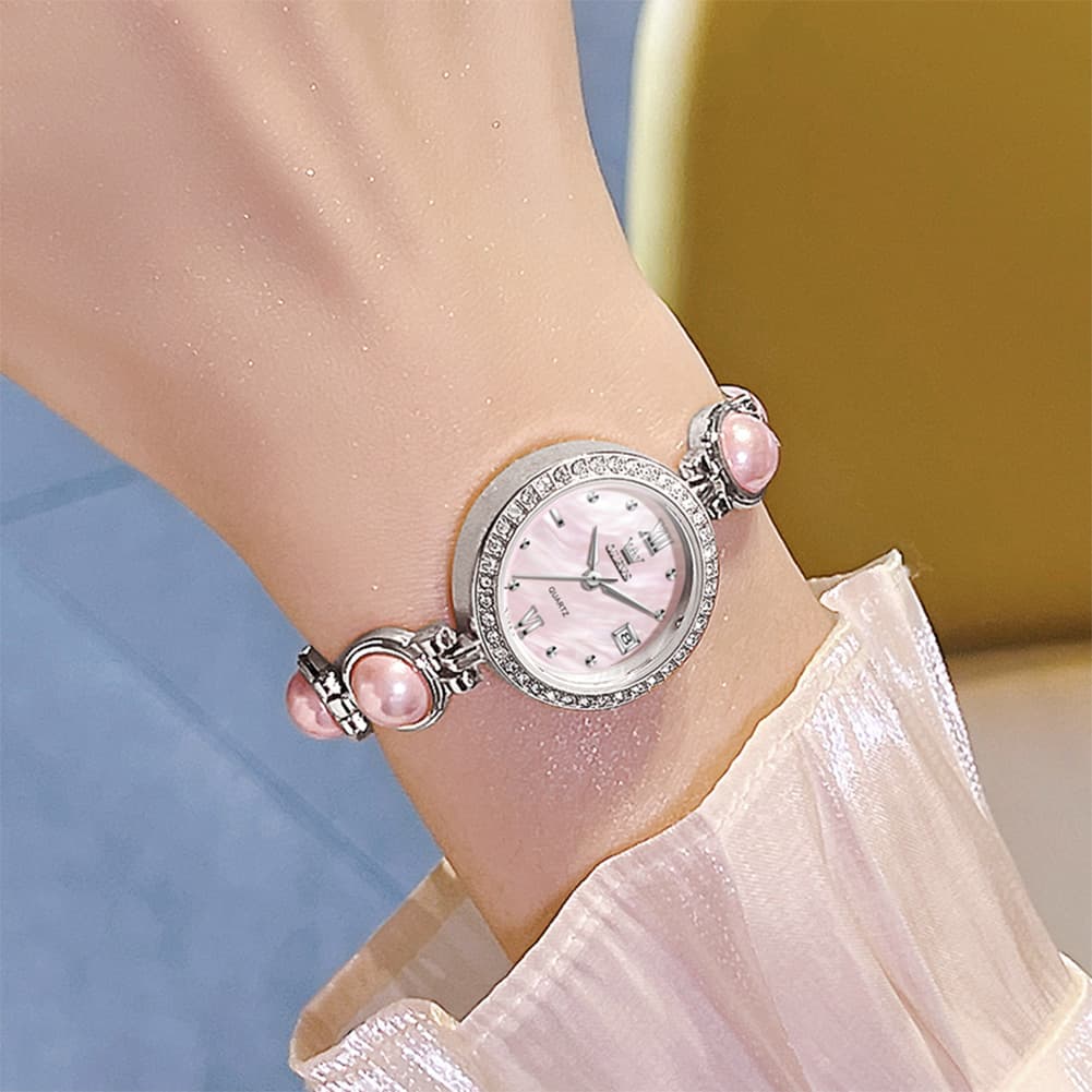 OLEVS 5669 Pearl Bracelet Watch Zircon Bezel Quartz Jewelry Timepiece for Women