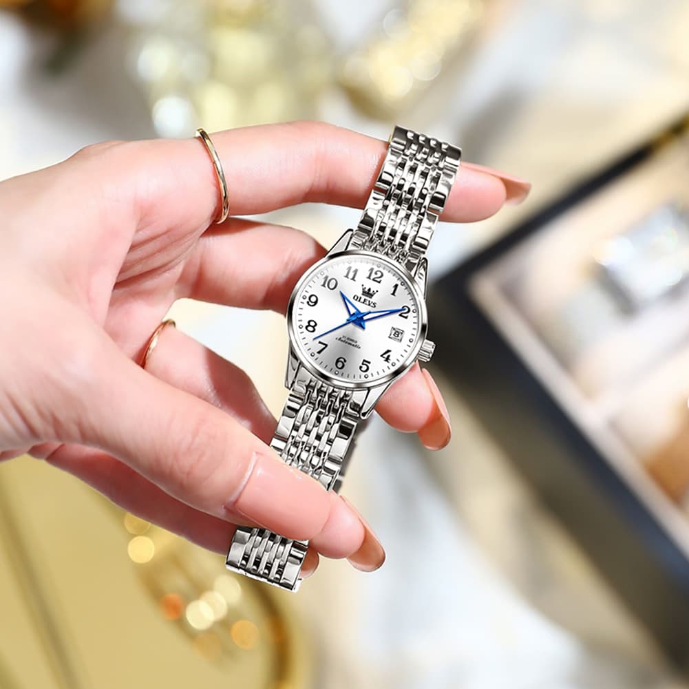 OLEVS 6666N Stainless Steel Mechanical Big Numeral Watch for Women