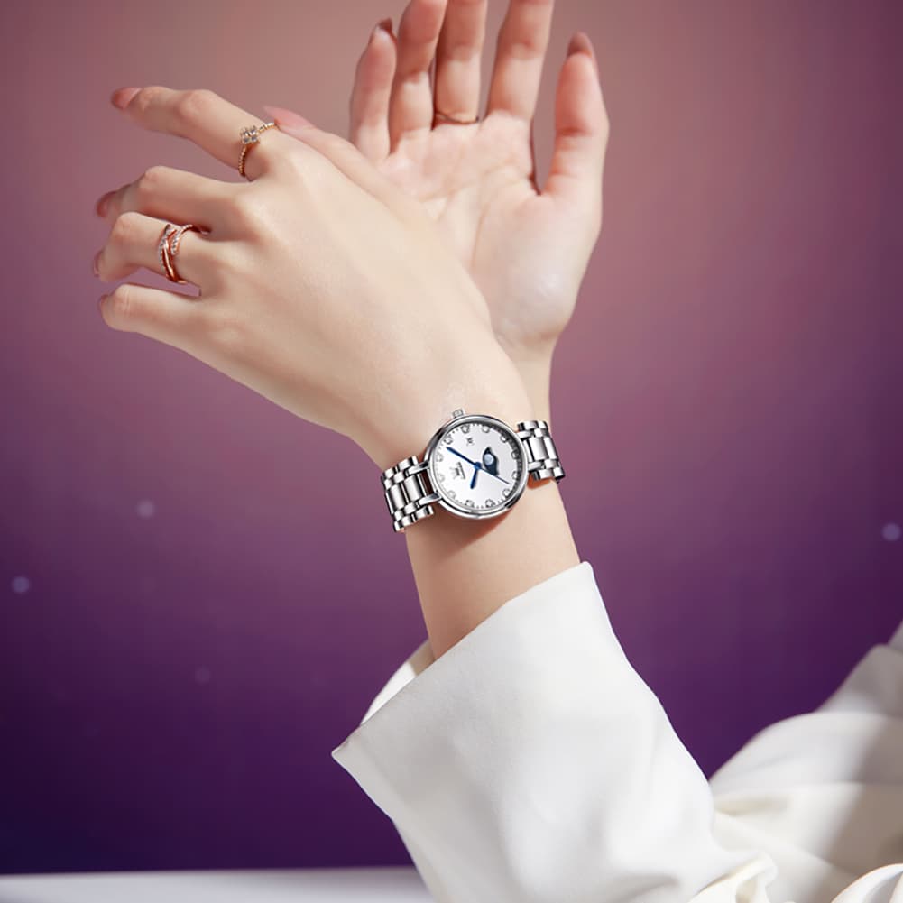 OLEVS Women Moon Phase Dress Watch Stainless Steel Diamond Dial Quartz 5573