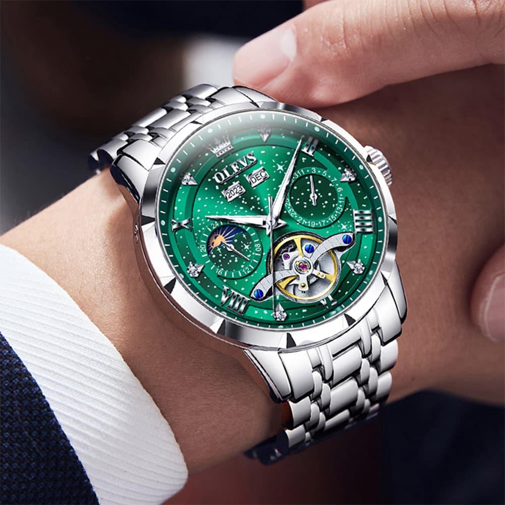 OLEVS 6690 Automatic Skeleton Starry Sky Steel Leather Watch for Men