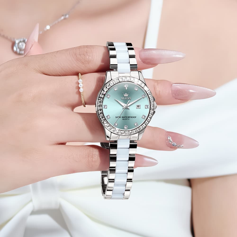 OLEVS 3651 Mother of Pearl Ceramic Crystal Diamond Watch For Women