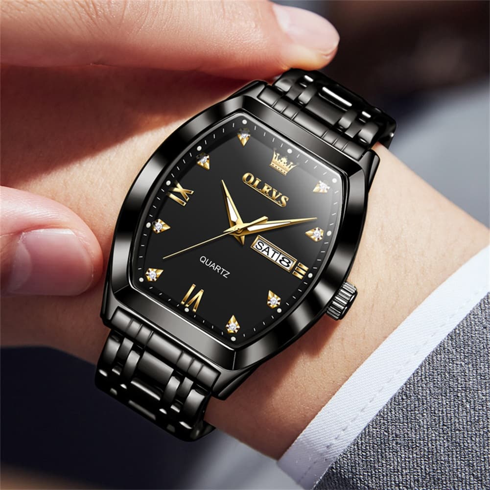 OLEVS Tonneau Diamond Dial Day Date Quartz Watch 5528 Steel Band for Men