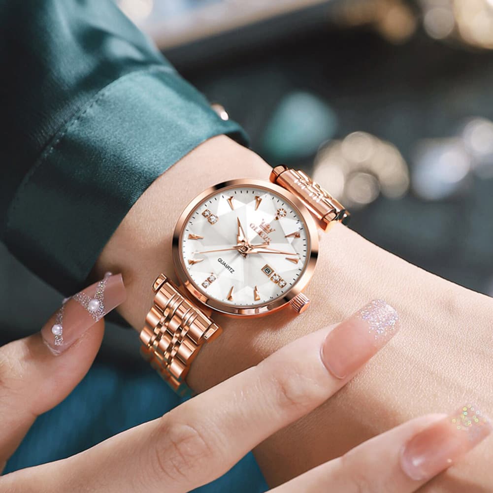 OLEVS Diamond Cut Crystal Dress Watch for Women Stainless Steel 5536