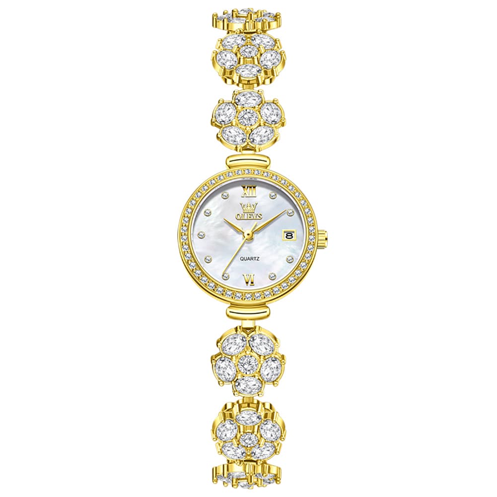 OLEVS Women Spinning Flower Watch Peach Blossom Crystal Mother of Pearl Date Quartz 5638
