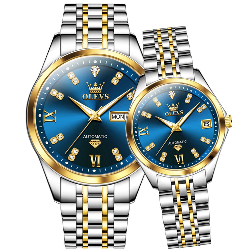 OLEVS Couple Watches Set Automatic Mechanical Diamond Dial 9801 for His and Hers