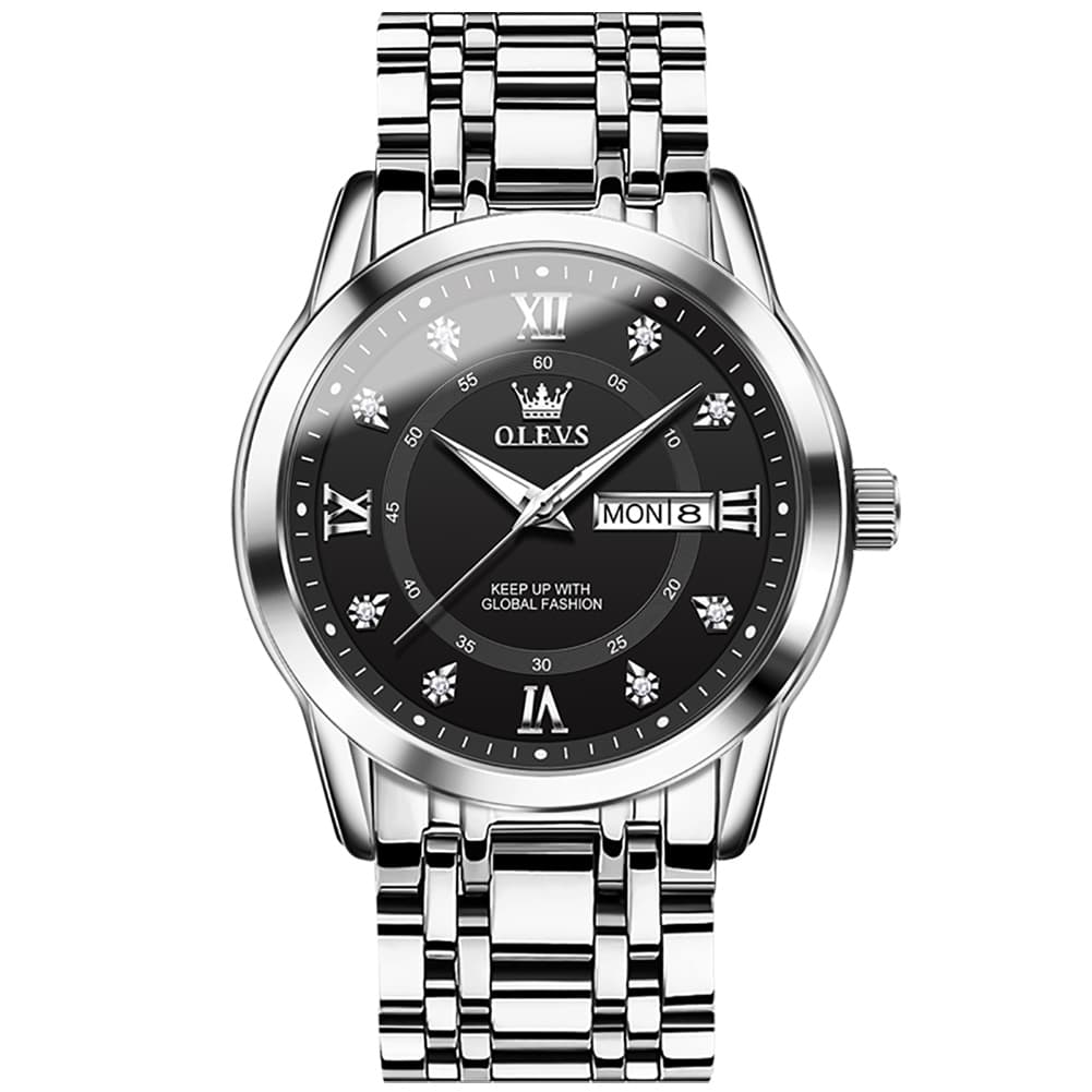 OLEVS Diamond Dial Day Date Quartz Watch 5513 Steel Band for Men