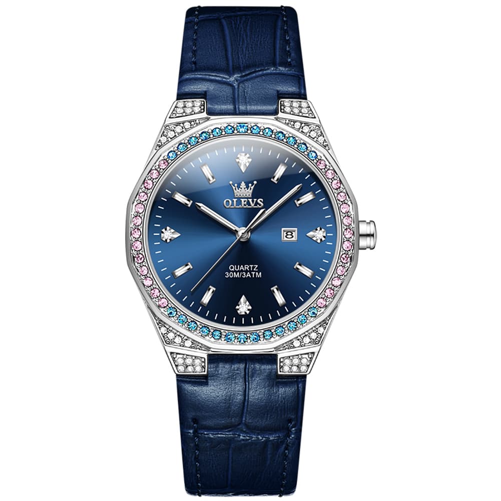 OLEVS Women Octagonal Watch Diamond Bezel Leather Strap Date Quartz 5606