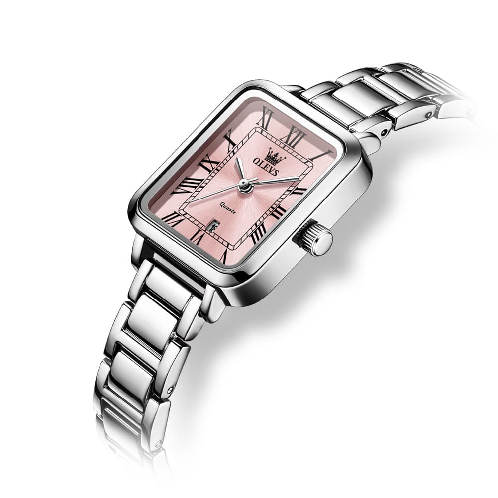 OLEVS Women Rectangular Dress Watch Retro Tank Stainless Steel Date Quartz 5641