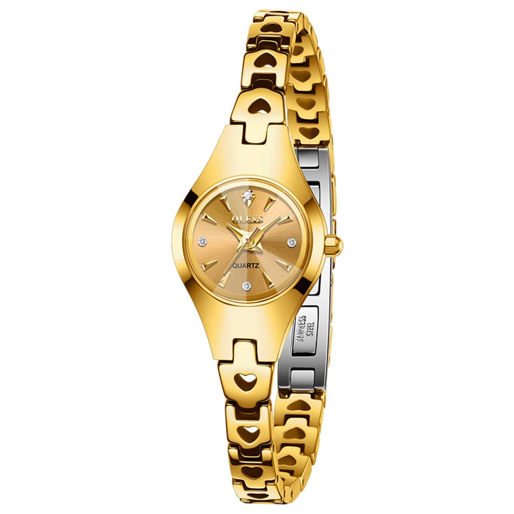 OLEVS 7082 Tungsten Steel Watch Dainty Heart Link Faceted Bracelet Diamond Accent Quartz Timepiece for Women