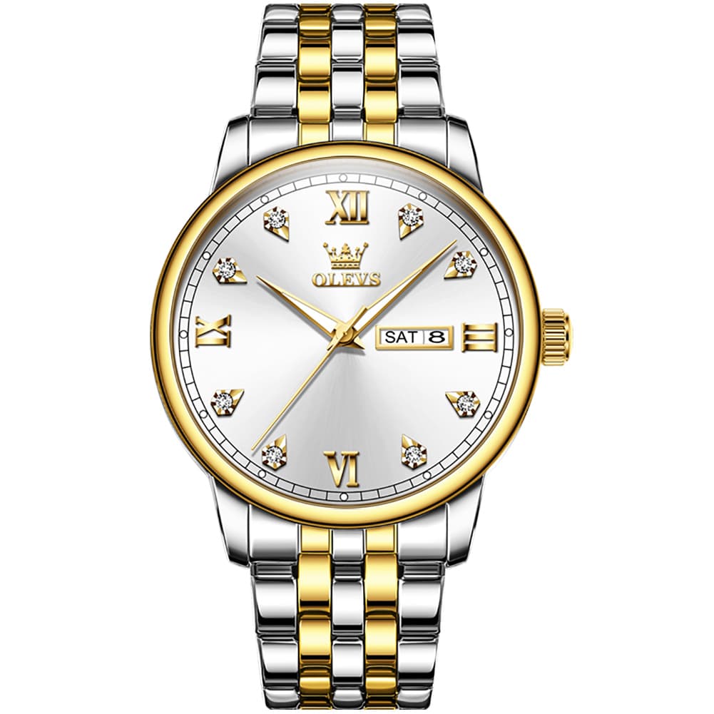 OLEVS Couple Watches Diamond Dial Day Date Quartz Watch 5525 Steel Band for His and Hers