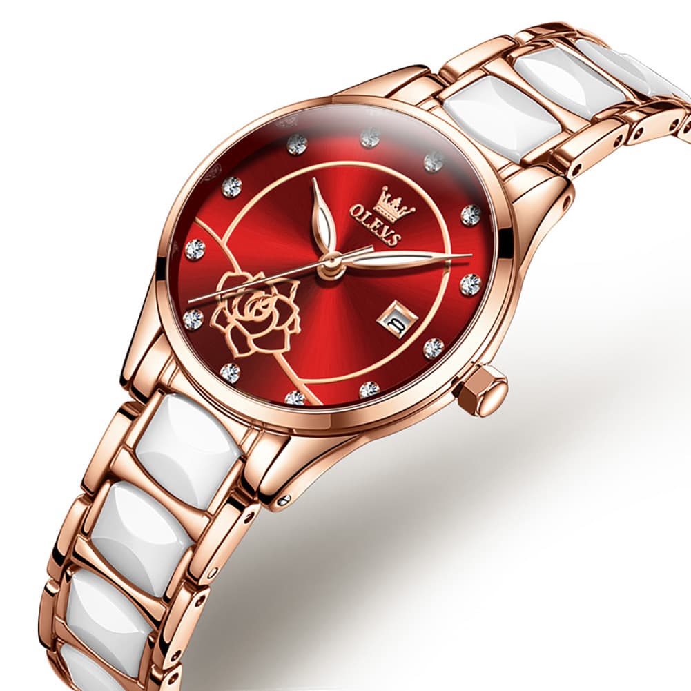 OLEVS 3606 Ceramic Rose Motif Quartz Watch for Women