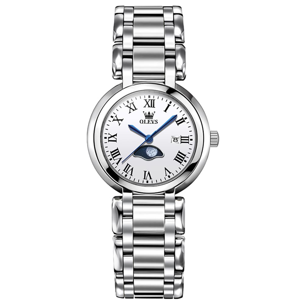 OLEVS Women Moon Phase Dress Watch Stainless Steel Diamond Dial Quartz 5573