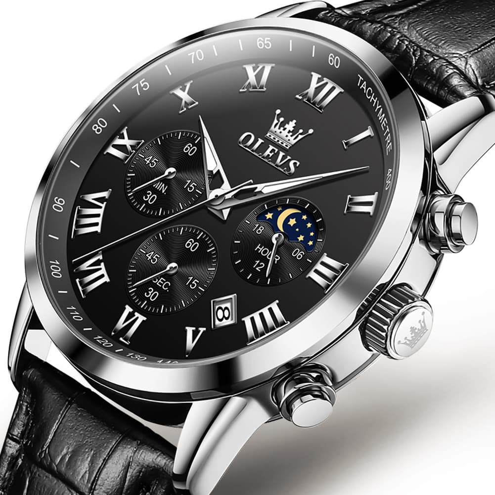 OLEVS Chronograph Moon Phase Dress Watch Leather Strap for Men 5529