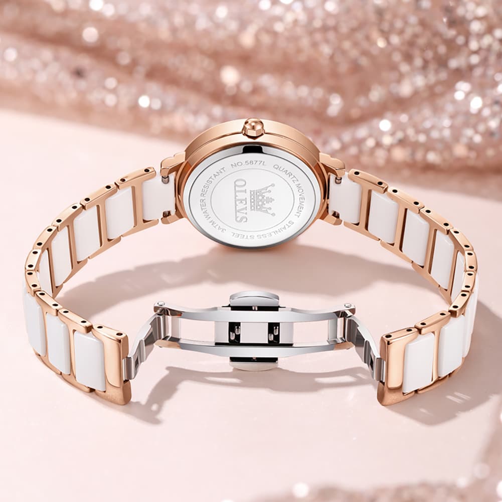 OLEVS 5877 Ceramic Bracelet Watch Rose Gold Minimalist Diamond Accent Japan Quartz Luxury Timepiece for Women
