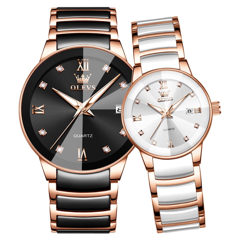 OLEVS 7114 Ceramic Link Watch Couple Date Diamond Accent Quartz Luxury Timepiece for Men and Women