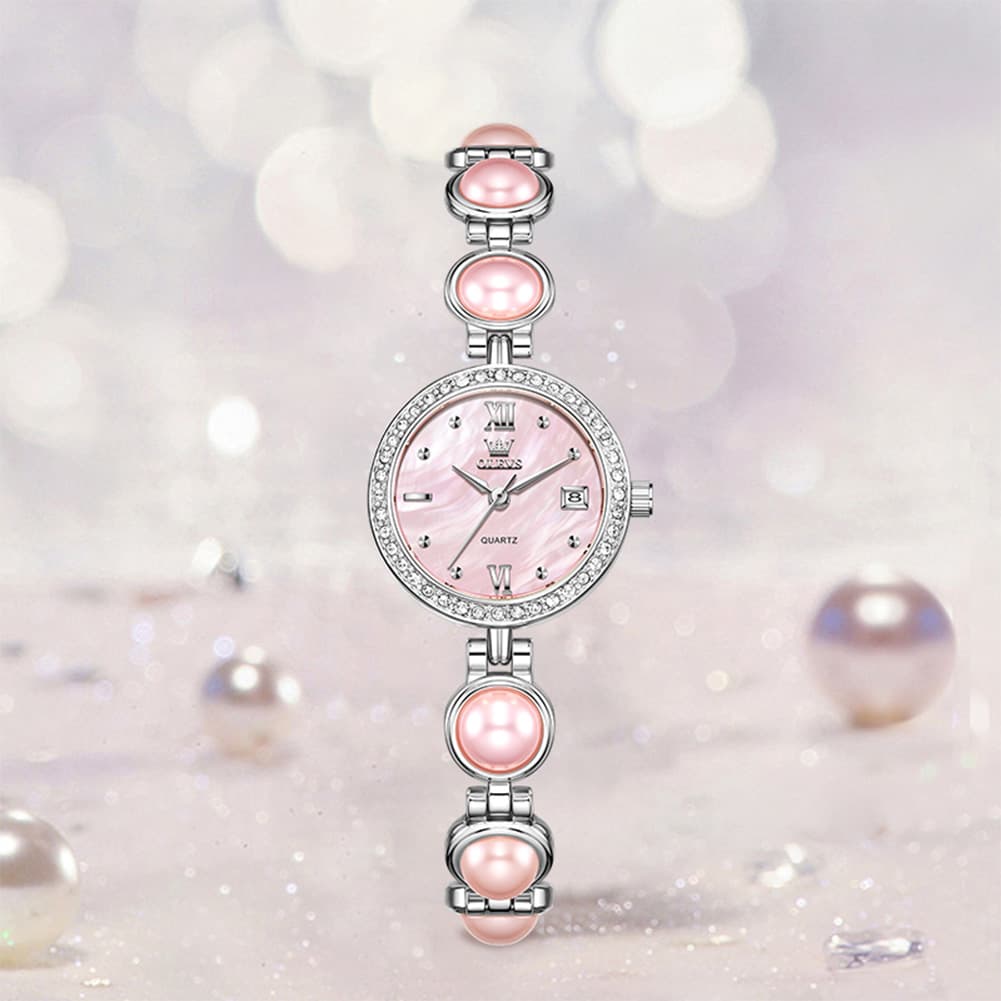 OLEVS 5669 Pearl Bracelet Watch Zircon Bezel Quartz Jewelry Timepiece for Women