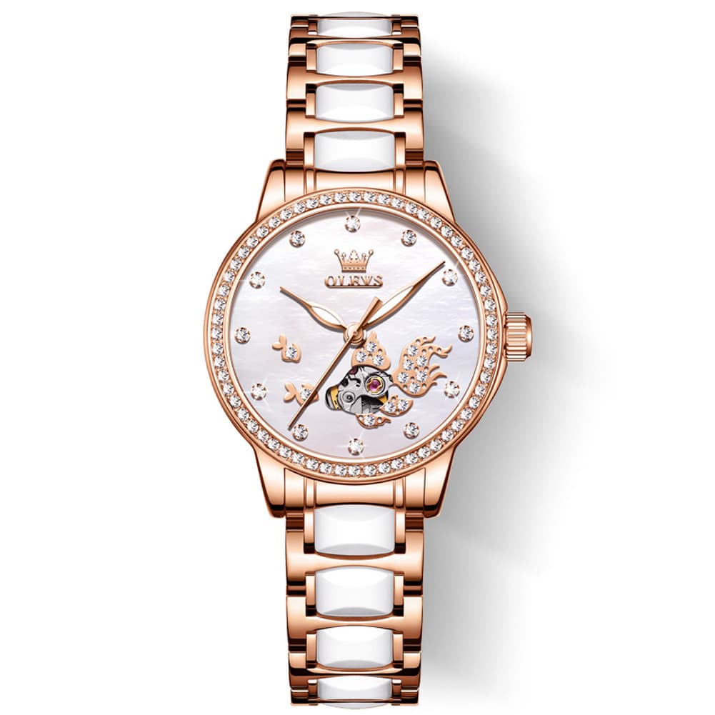 OLEVS 7001 Koi Skeleton Ceramic Mechanical Watch for Women
