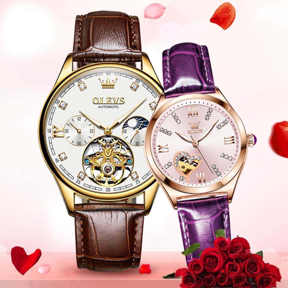 OLEVS 3601 Romantic Open Heart Automatic Couple Watch Set
