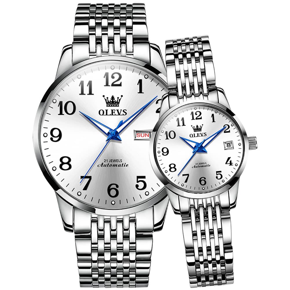 OLEVS 6666Q Stainless Steel Mechanical Big Numeral Couple Watches