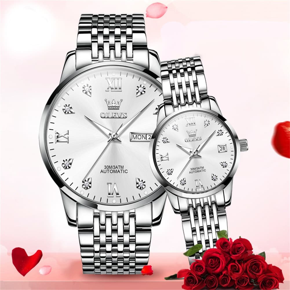 OLEVS 6673 Diamond Automatic Couple Watches Set