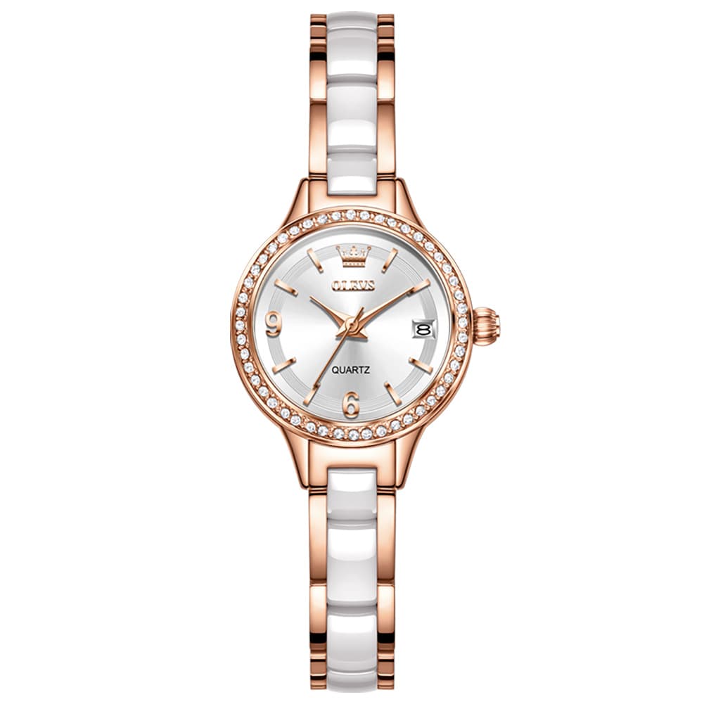 OLEVS 7093 White Ceramic Watch Women Dainty Diamond Bezel Date Quartz Jewelry Timepiece