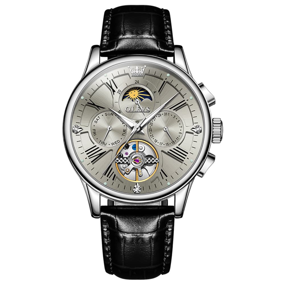 OLEVS Moon Phase Open Heart Automatic Mechanical Watch 9912 Leather Strap for Men