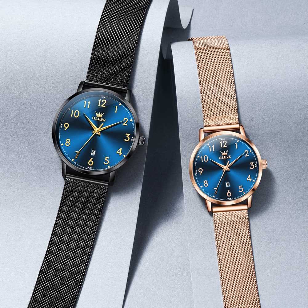 OLEVS 5653 Ultra Thin Couple Watch Milanese Mesh and Leather Strap Date Timepiece for Men and Women