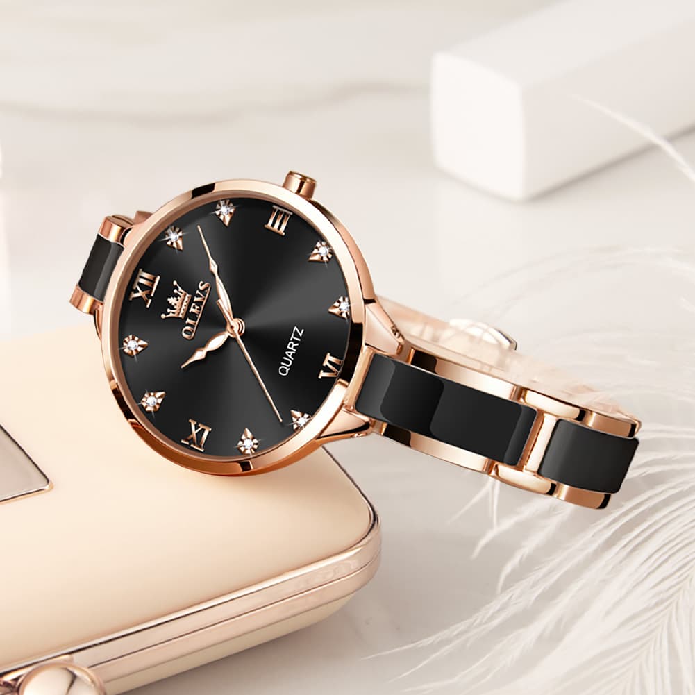 OLEVS 5872 Ceramic Bracelet Watch Rose Gold Diamond Accent Quartz Luxury Timepiece for Women