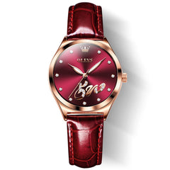 OLEVS 5581 Love Motif Diamond Watch Rose Gold Leather Strap Romantic Gift Timepiece for Women