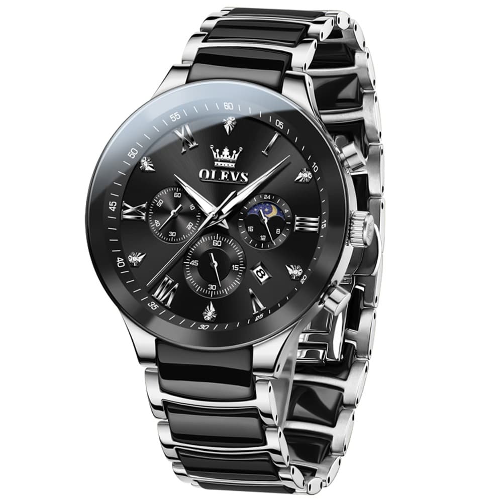 OLEVS 7004 Moon Phase Chronograph Watch Ceramic Link Bracelet Quartz Luxury Timepiece for Men