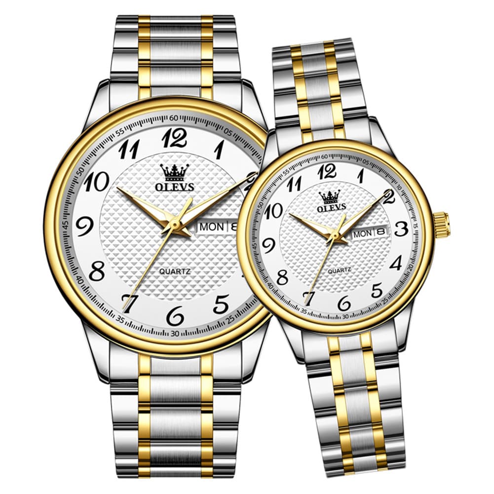 OLEVS 5667 Sapphire Crystal Couple Watch Day Date Stainless Steel Bracelet Luxury Timepiece for Men and Women