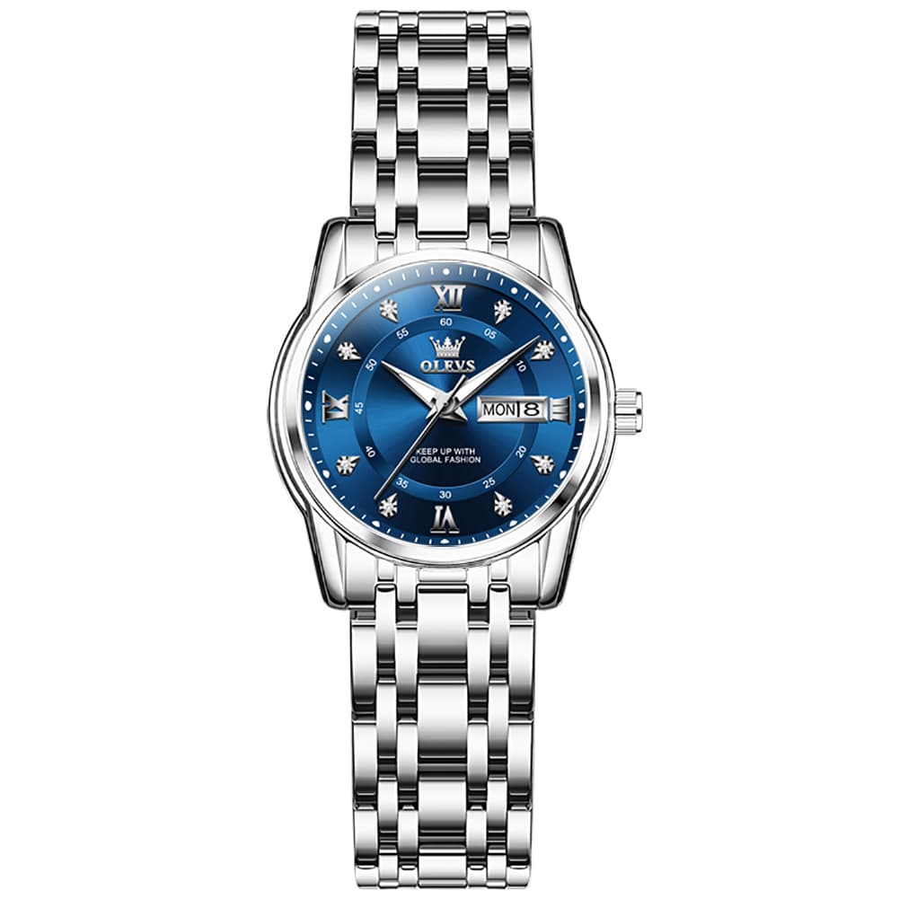OLEVS Diamond Dial Day Date Quartz Watch 5513 Steel Band for Women