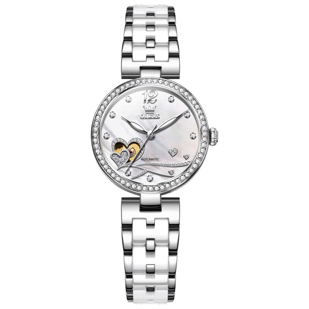 OLEVS 7086 Ceramic Heart Open Heart Automatic Watch For Women