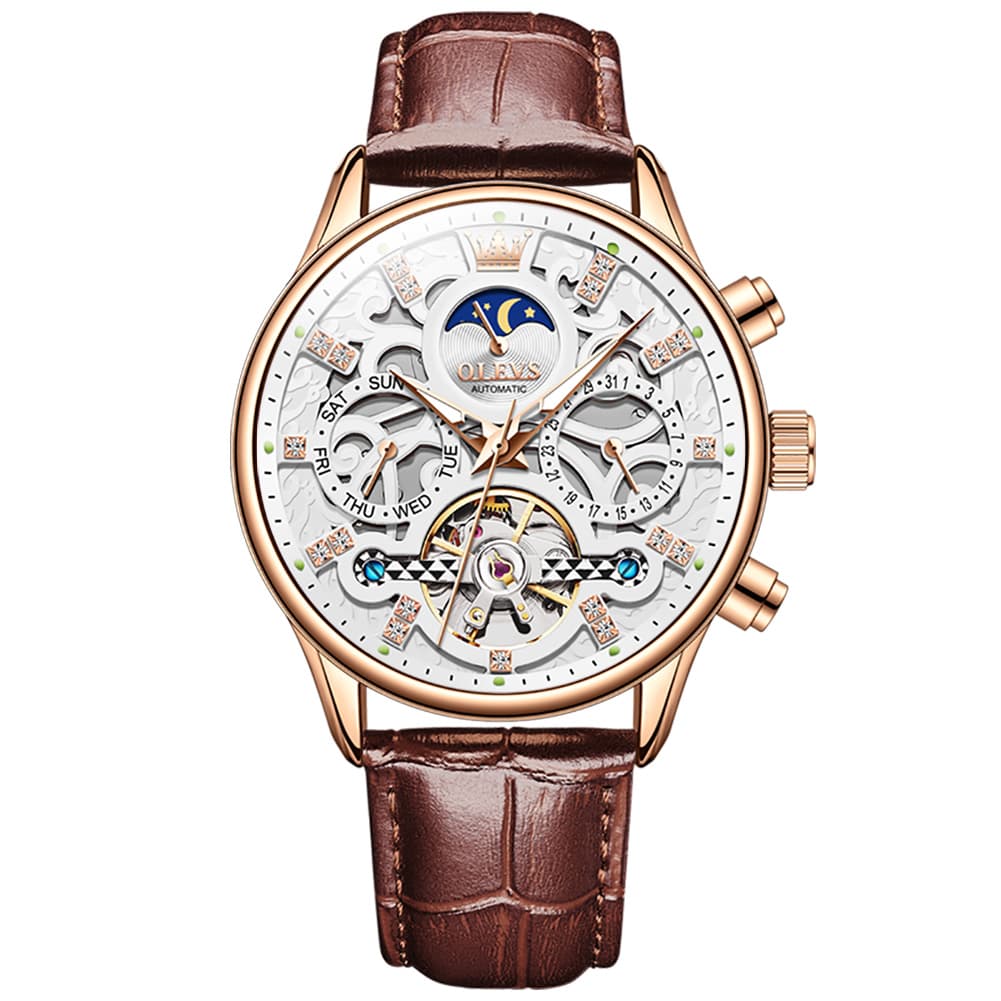 OLEVS 6658 Leather Skeleton Moon Phase Watch for Men