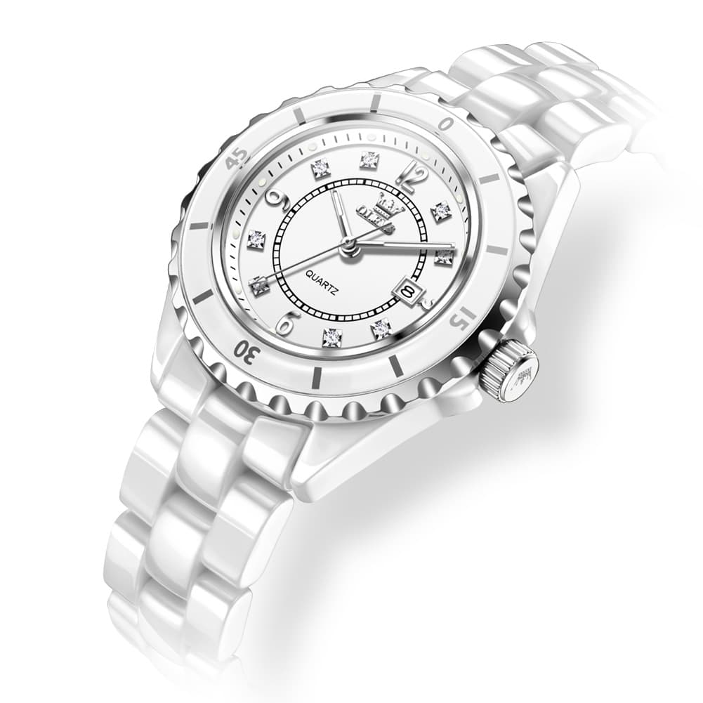 OLEVS 5658 White Ceramic Watch Diamond Accent Quartz Butterfly Clasp Luxury Timepiece for Women
