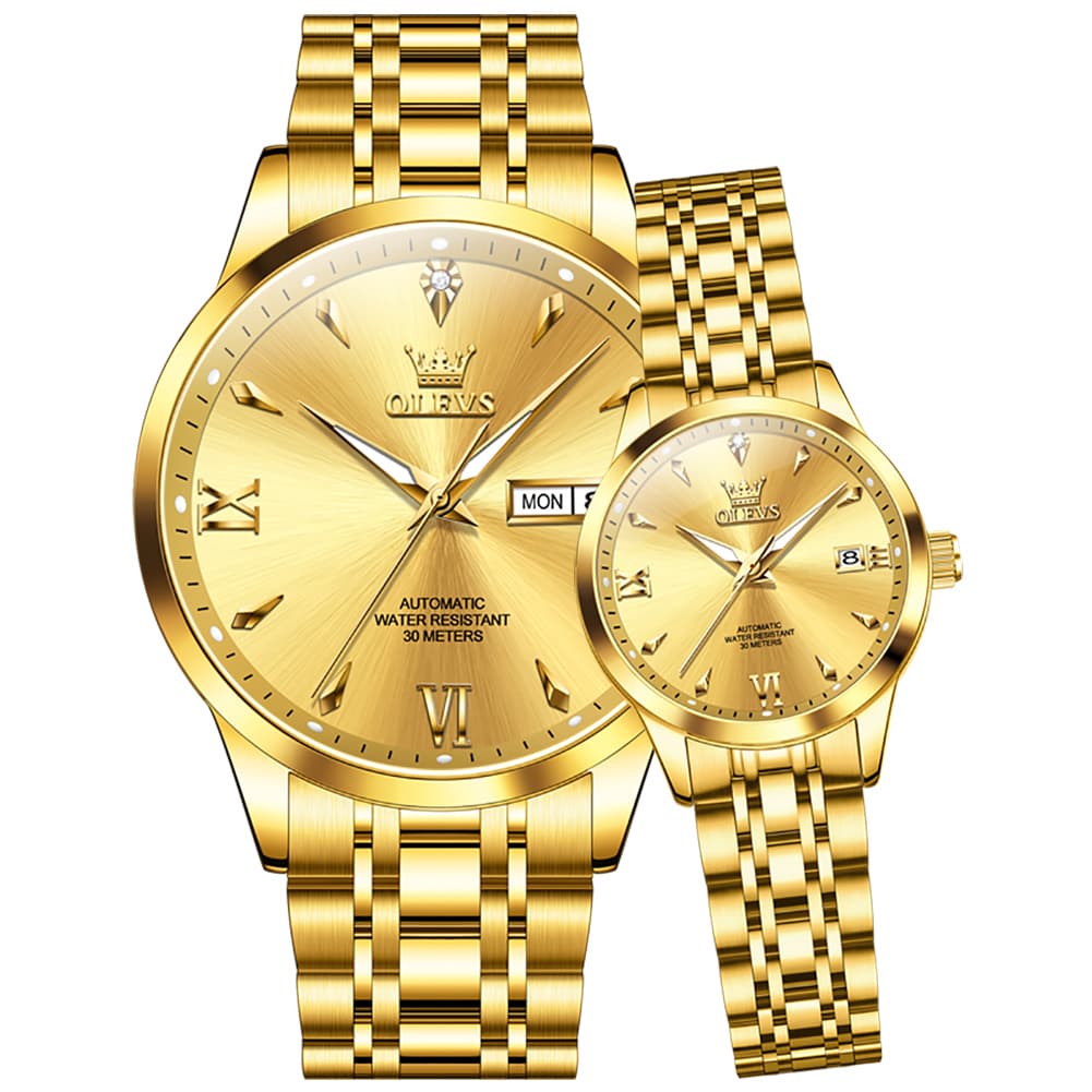 OLEVS Couple Watches Diamond Dial Automatic Mechanical Watch 9956 Steel Band for His and Hers