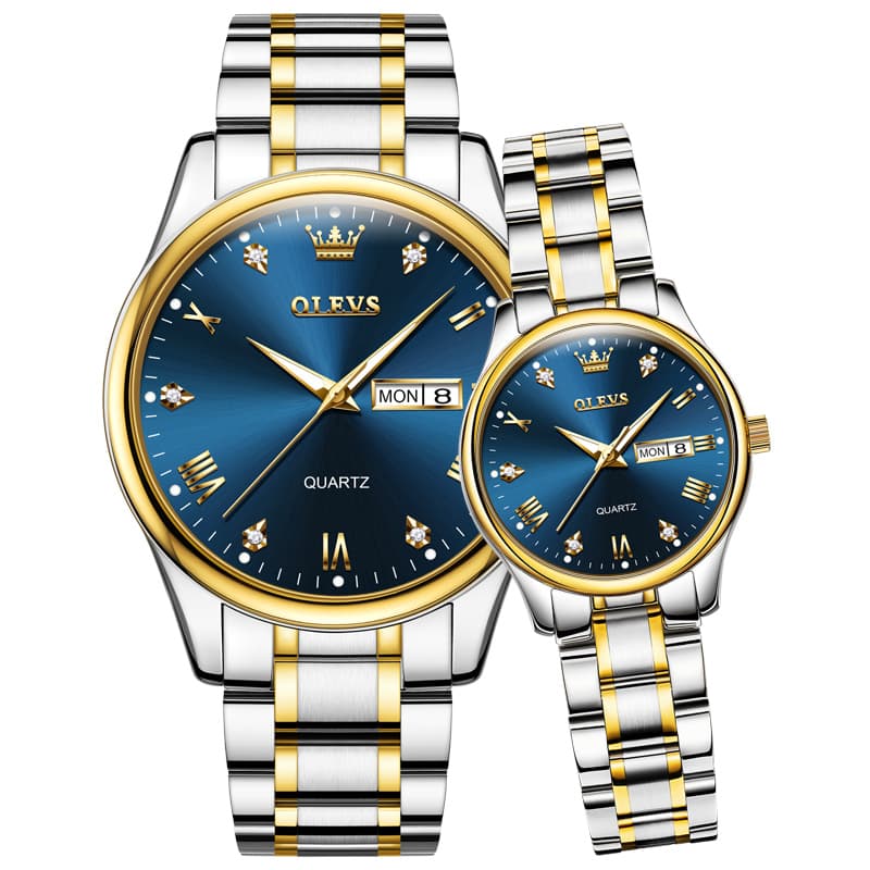 OLEVS His and Hers Couple Watches Set Two Tone Stainless Steel Quartz Day Date 5563Q