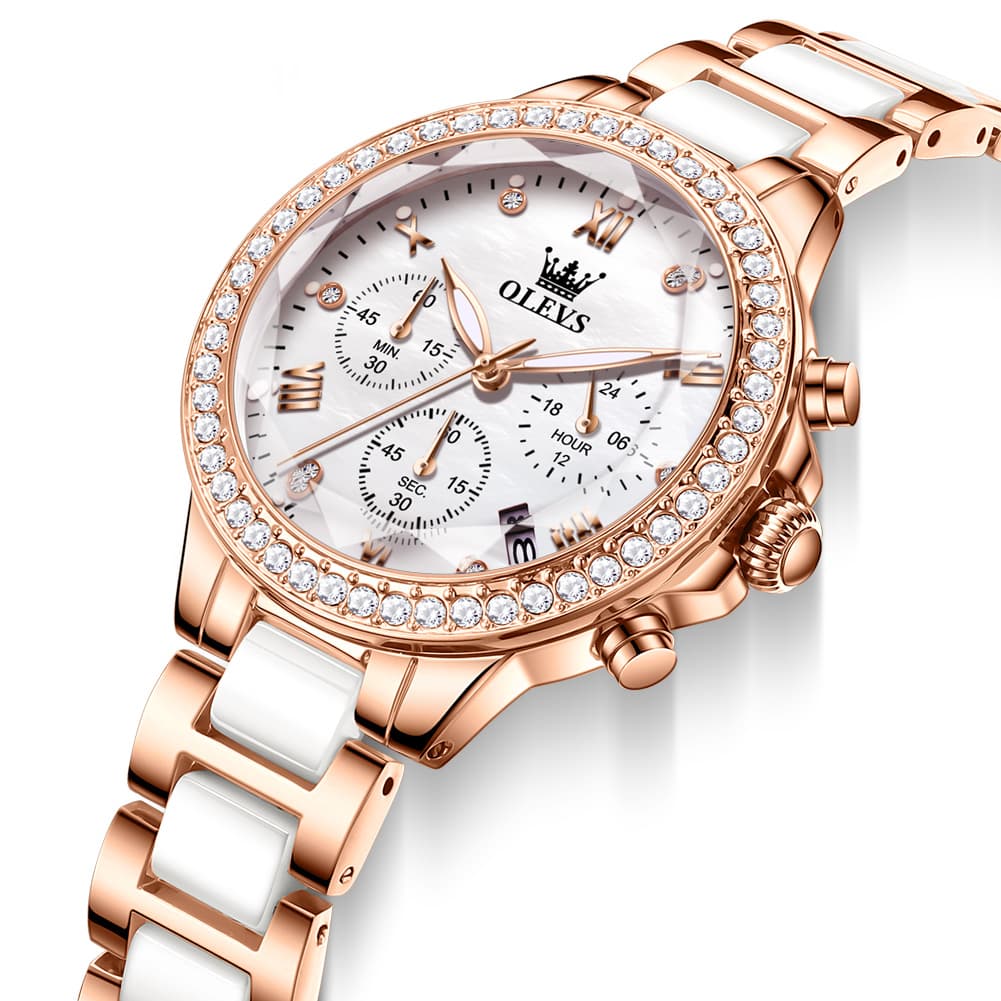 OLEVS 9999 Diamond Bezel Chronograph Ceramic Watch for Women