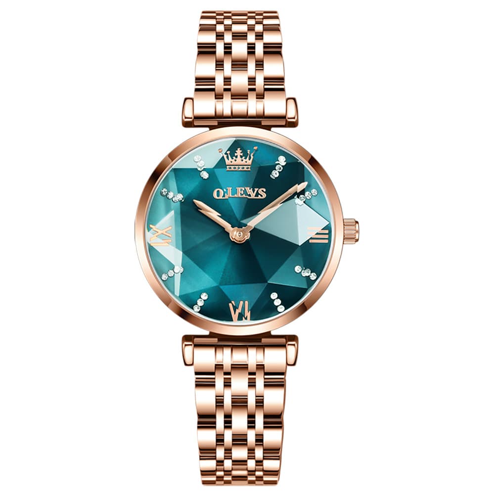 OLEVS 6642 Prism Cut Crystal Watch Rose Gold Stainless Steel Japan Quartz Timepiece for Women