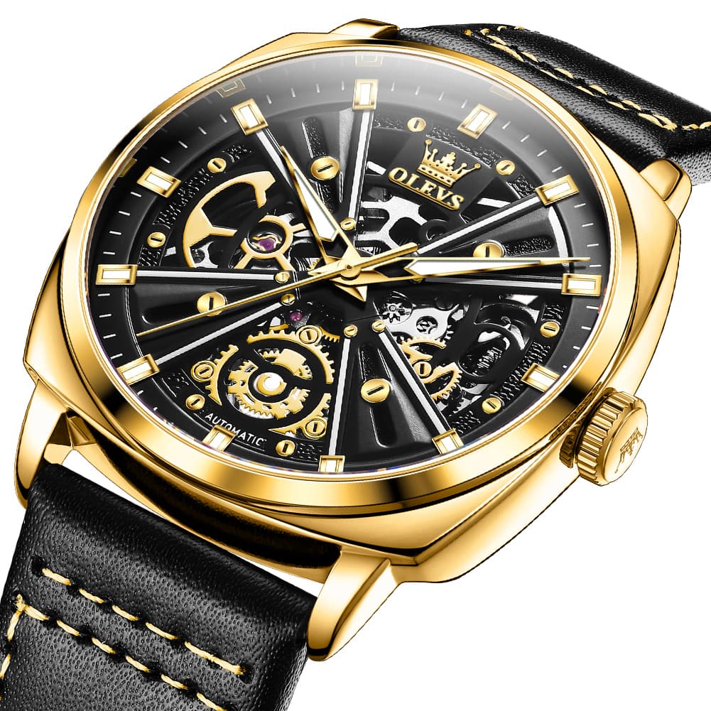 OLEVS 6685 Mechanical Skeleton Leather Watch for Men