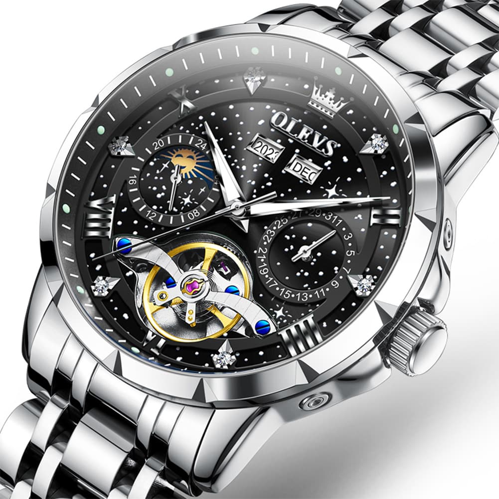 OLEVS 6690 Automatic Skeleton Starry Sky Steel Leather Watch for Men