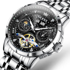 OLEVS 6690 Automatic Skeleton Starry Sky Steel Leather Watch for Men