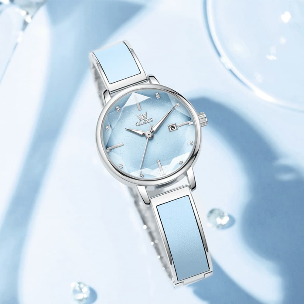 OLEVS 5656 Diamond Cut Faceted Crystal Quartz Watch Leather or Steel Bracelet Elegant Dress Timepiece for Women
