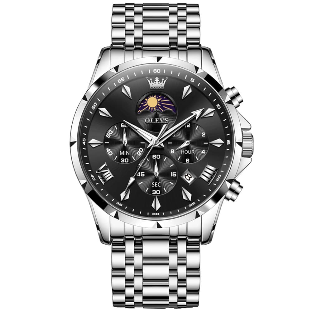 OLEVS 3653 Chronograph Moon Phase Sporty Dial Stainless Steel Watch For Men