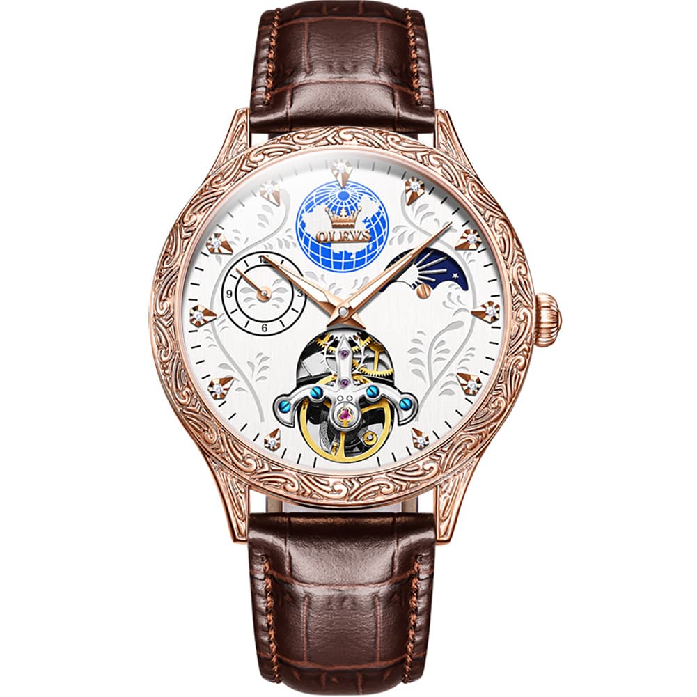 OLEVS 6660 Leather Globe Skeleton Mechanical Watch for Men