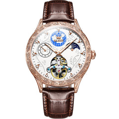 OLEVS 6660 Leather Globe Skeleton Mechanical Watch for Men