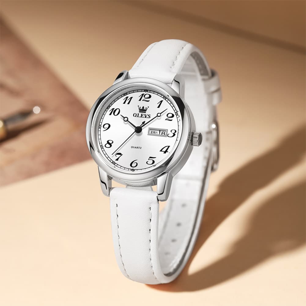 OLEVS 5662 Petite Vintage Quartz Watch Day Date Leather Strap Elegant Dress Timepiece for Women