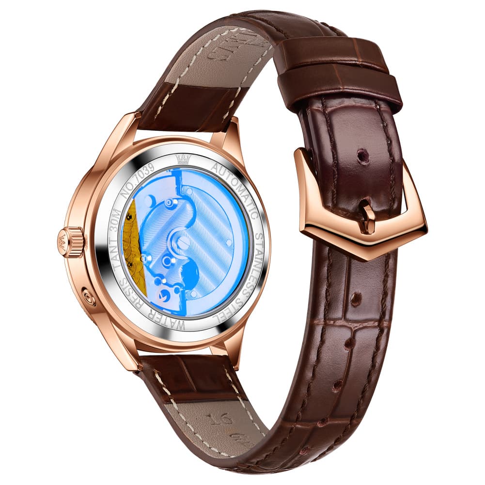 OLEVS 7039 Leather Moon Phase Mechanical Watch For Women